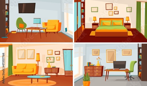 Home interior kit. Living room, bedroom, house library and parlor. Apartment design, area for life. Cartoon flat with bed, sofa, armchairs vector illustration