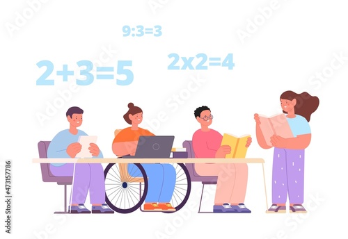 Inclusive education. Children reading book together. Kids on math lesson, disability kid study in class. Support and helping, no differents, vector concept