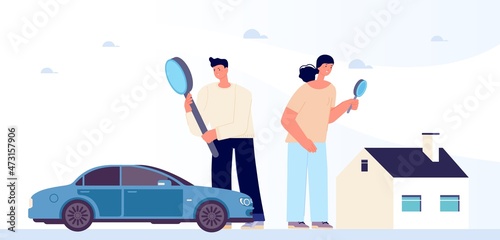 People look car and home. Real estate or property. Man buy vehicle. Couple choose purchases, mortgage or credit, vector concept