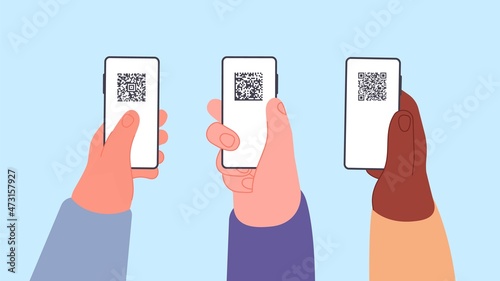 Personal qr identification. Hands holding phones with QR-codes on screen. Barcodes for people, id information about vaccination vector concept