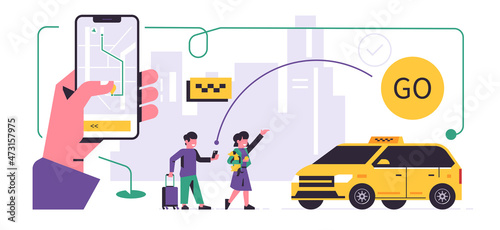 Taxi ordering service mobile application concept. A hand holding a phone with booking a taxi on the city map on a smartphone display. Family waiting for a yellow cab. Flat vector illustration
