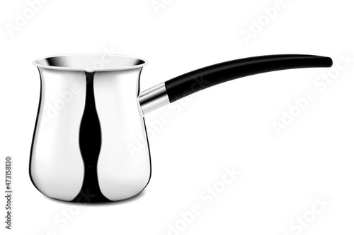 Steel coffee pot. Traditional Turkish cezve coffee brewing kitchen utensils. Realistic 3d vector illustration, isolated on white background