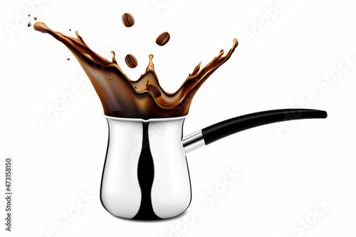Steel coffee pot with a coffee splash. Traditional Turkish cezve coffee brewing kitchen utensils. Realistic 3d vector illustration, isolated on white background