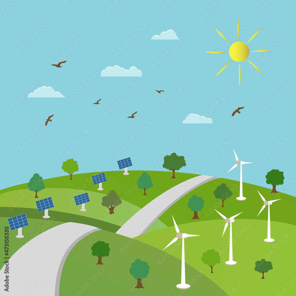 Ecology concept and environment conservation. Nature landscape with auto-road, green trees and renewable source energy.