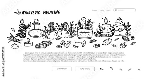 Ayurvedic medicine web page design template. Vector landing homepage with ayurvedic illustration elements in outline doodle  style. Ayurvedic web banner