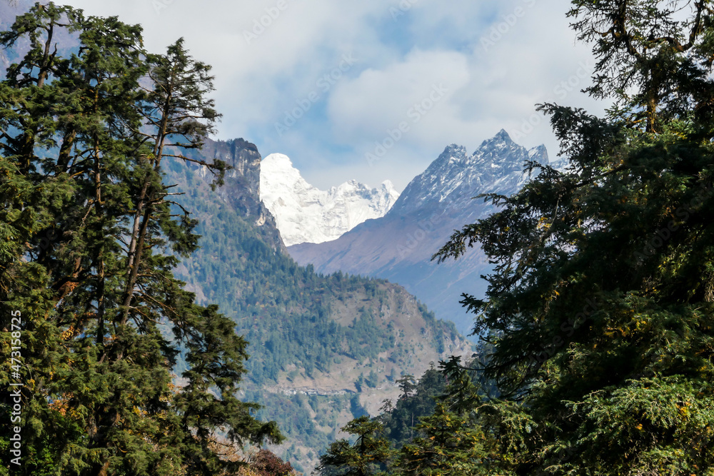 View on Himalayas, Annapurna Circuit Trek, Nepal. The view is disturbed by dense tree crowns in the front. High snow caped mountains peaks catching the first beams of sunlight. Serenity and calmness