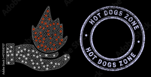 Glare net burn hand icon with glitter effect on a black background, and round Hot Dogs Zone rubber seal. Vector frame is based on burn hand icon, white mesh net is used.