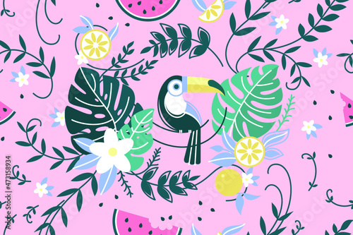 Pattern With Green Leaf Palm and Parrot