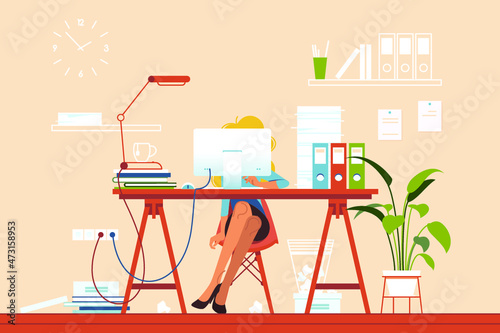 Girl Busy at Workplace With Pile of Papers