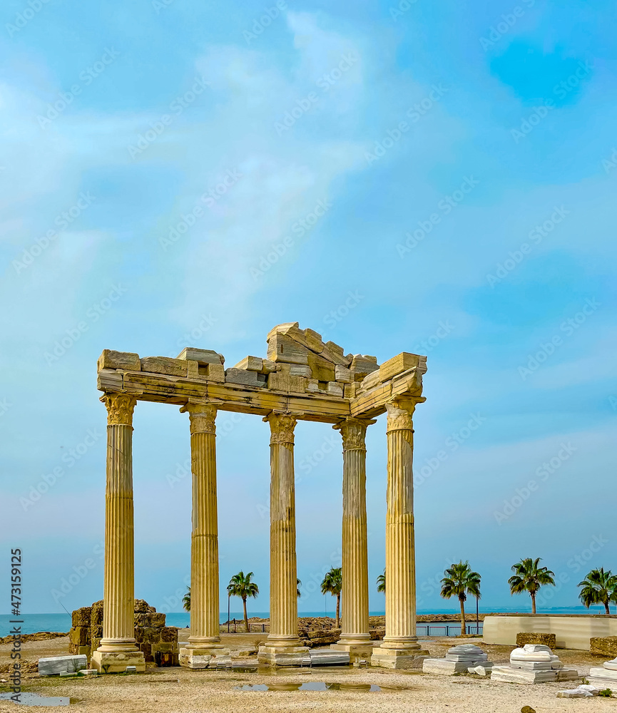 Temple of Apollo at the ancient city of Side in Antalya region on the Mediterranean coast of Turkey
