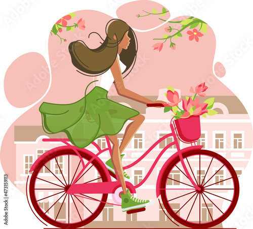 Girl on Vintage Bicycle with Flowers