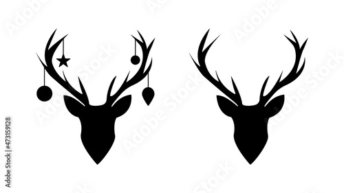 Silhouette of a deer head with Christmas decorations on the antlers and without toys, isolated on a white background. Vector illustration