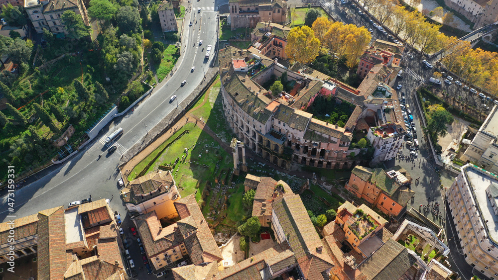 Aerial drone photo of iconic ancient Marcello Roman theatre started by Julius Caesar - pre-dating the Colosseum, the setting for summer concerts, Rome historic centre, Italy