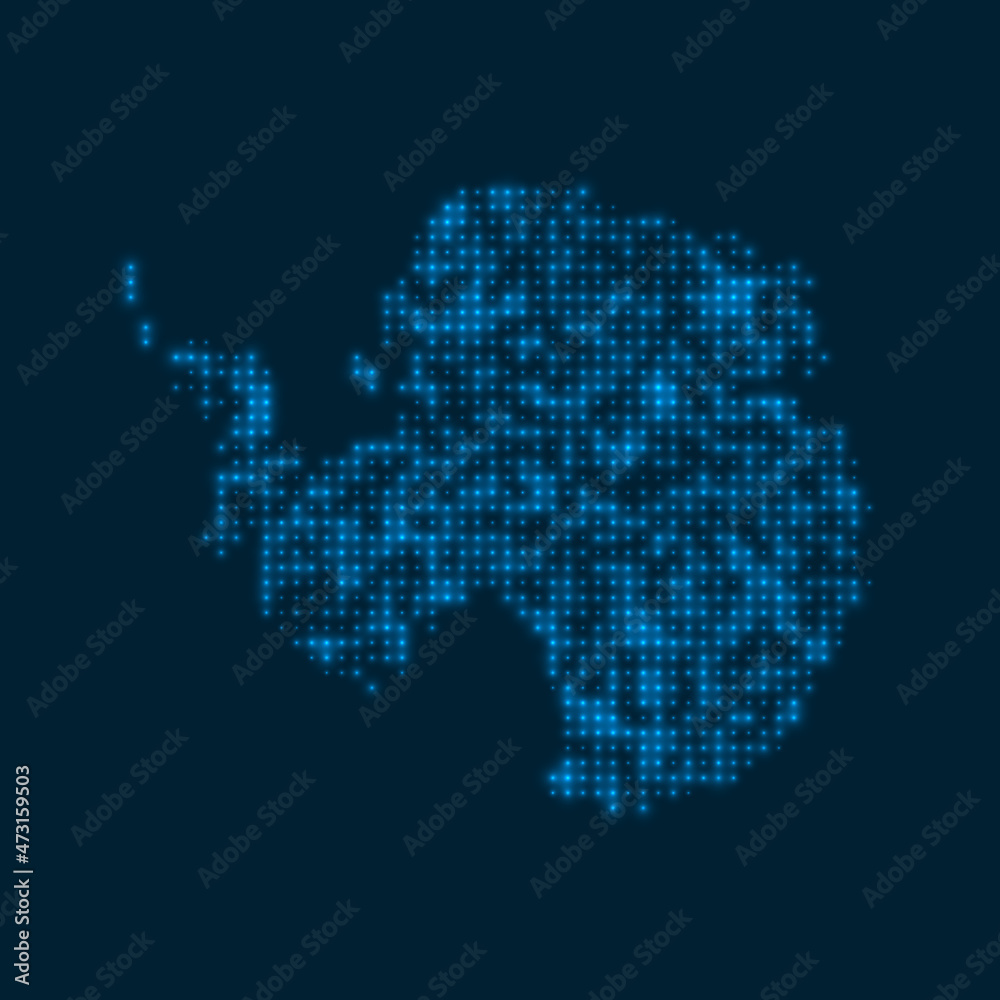 Antarctica dotted glowing map. Shape of the country with blue bright bulbs. Vector illustration.