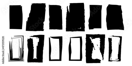 Grunge style set of rectangle shapes. Black brush rectangles in retro style on white background. Vector illustration. 
