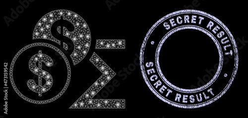 Glitter polygonal mesh web dollar sum icon with glitter effect on a black background with round Secret Result scratched seal print. Vector carcass generated from dollar sum icon, white mesh net used.