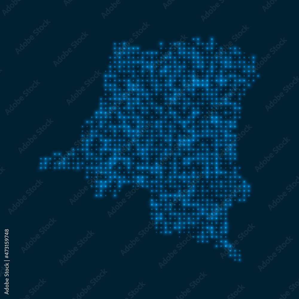 DR Congo dotted glowing map. Shape of the country with blue bright bulbs. Vector illustration.