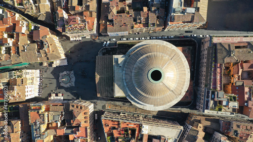 Aerial drone photo of iconic masterpiece ancient temple of Pantheon in Piazza della Rotonda, Rome historic centre, Italy