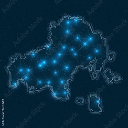 Skiathos network map. Abstract geometric map of the island. Digital connections and telecommunication design. Glowing internet network. Attractive vector illustration.