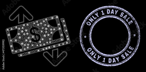 Glare mesh web banknotes exchange arrows icon with glitter effect on a black background with round Only 1 Day Sale unclean watermark. Vector model is based on banknotes exchange arrows icon,
