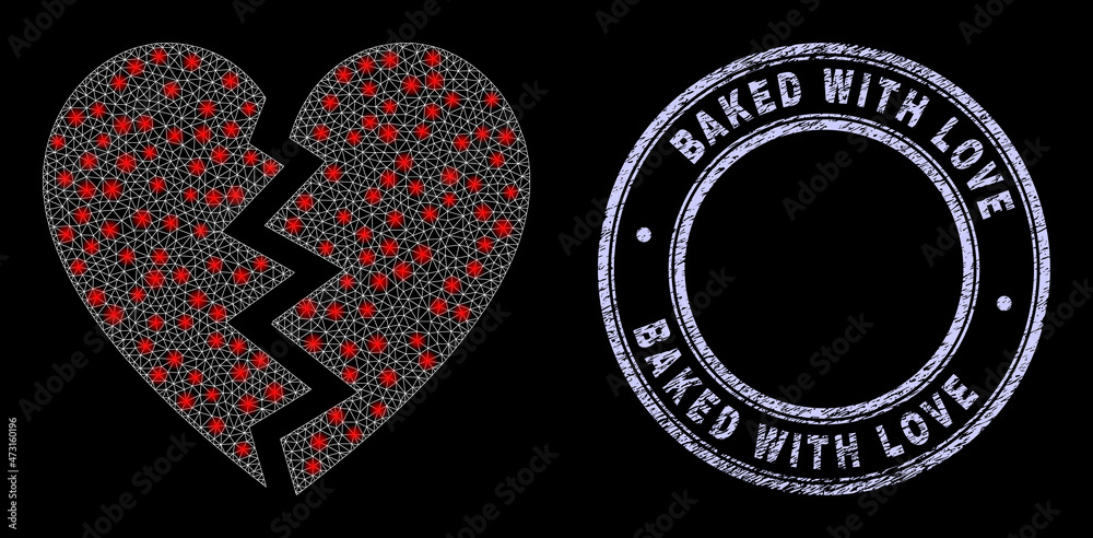 Glare polygonal mesh net broken heart icon with glare effect on a black  background with round Baked with Love dirty watermark. Vector frame based  on broken heart pictogram, Stock Vector | Adobe