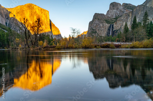 El Capitan and bridal veil falls reflection in merced river