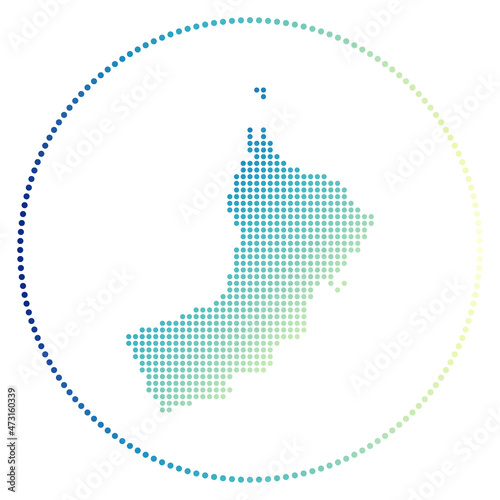 Oman digital badge. Dotted style map of Oman in a circle. Tech icon of the country with gradient dots. Neat vector illustration.