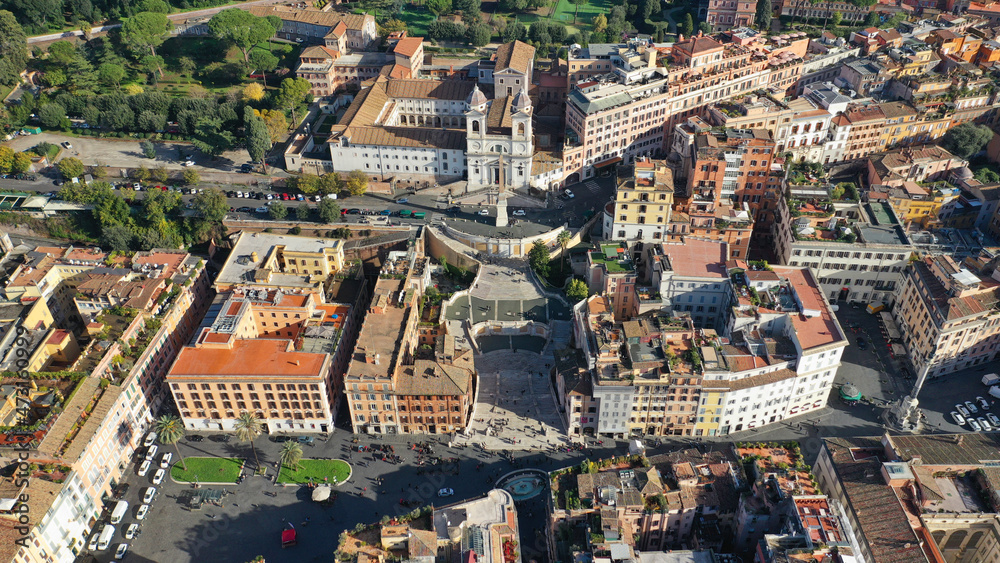 Aerial drone photo of iconic Piazza di Spagna and beautiful baroque stairway a popular meeting place, Rome, Italy