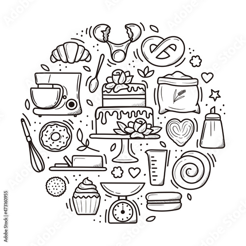 Baking banner. Cute hand drawn kitchen tools and baked goods with desserts. vector illustration in white outline and on dark background.