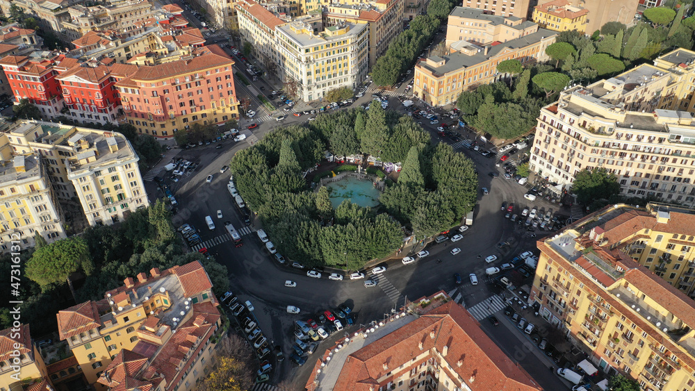 Aerial drone photo of iconic Mazzini square with beautiful architecture in the district of Prati, city of Rome, Italy