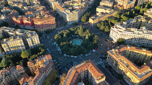 Aerial drone photo of iconic Mazzini square with beautiful architecture in the district of Prati, city of Rome, Italy