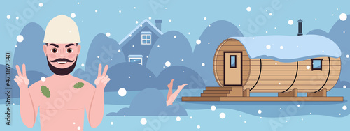 Banner with wooden barrel sauna. Outdoor banya cabin for SPA
