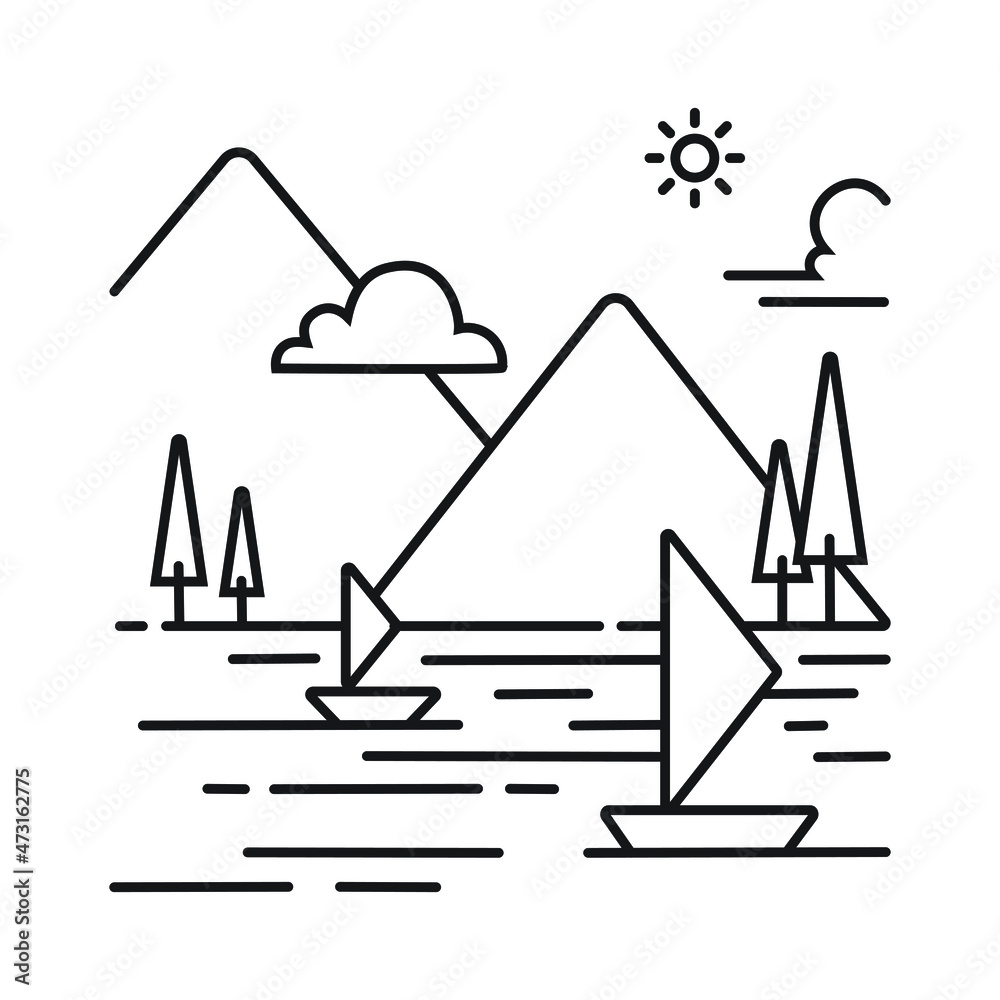 sea scenery. monoline illustration of countryside landscape. minimalist outline for wall art, print, logo, and others design elements.