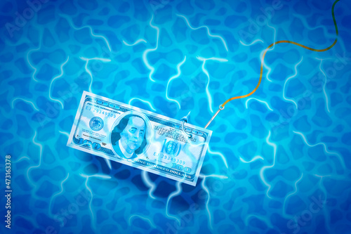 Hundred dollars banknote on glossy silver metal fishing hook in a blue shiny water, fraud concept illustration