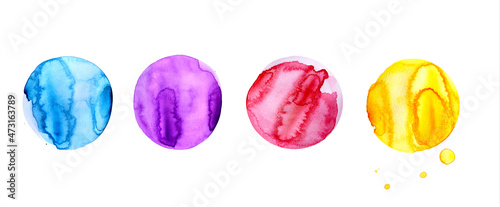 Bubble watercolor pastille paint round blue, purple, pink and yellow. Circle shape object group collection