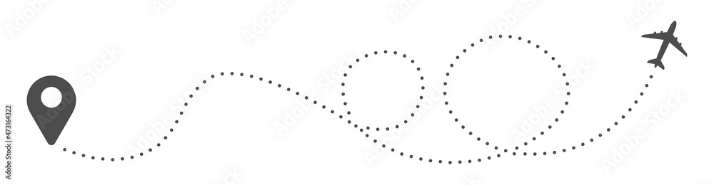 Airplane dotted route line the way airplane in gray. Flying with a dashed line from the starting point and along the path - stock vector. EPS10. Airplane dotted route line the way airplane in gray. Flying with a dashed line from the starting point and along the path - stock vector. EPS10.