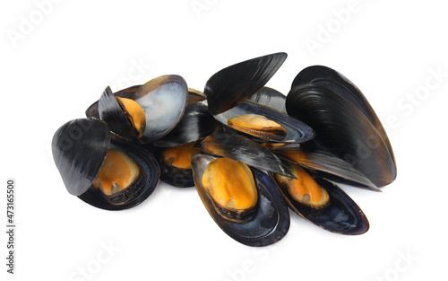 Delicious cooked mussels in shells on white background