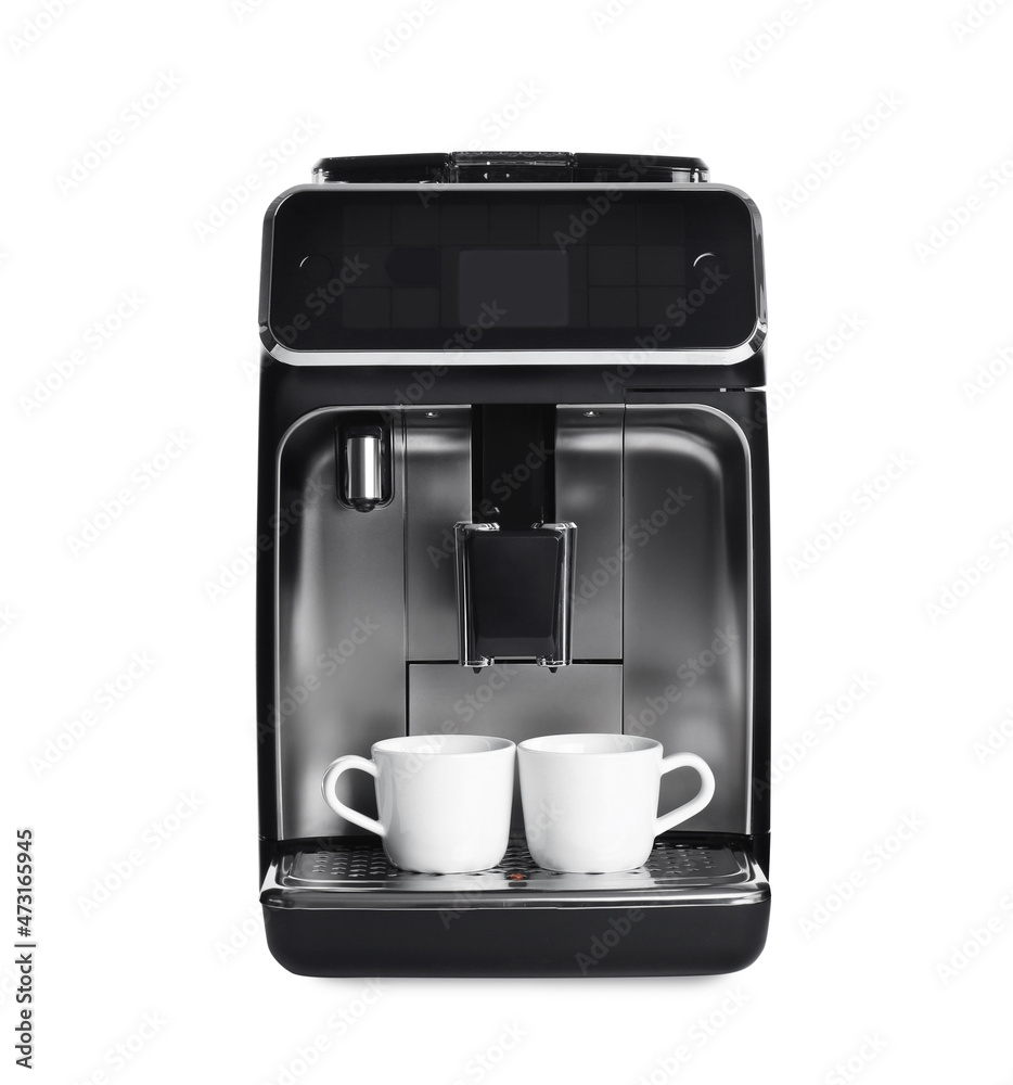 Modern electric coffee machine with cups isolated on white Modern electric coffee machine with cups isolated on white