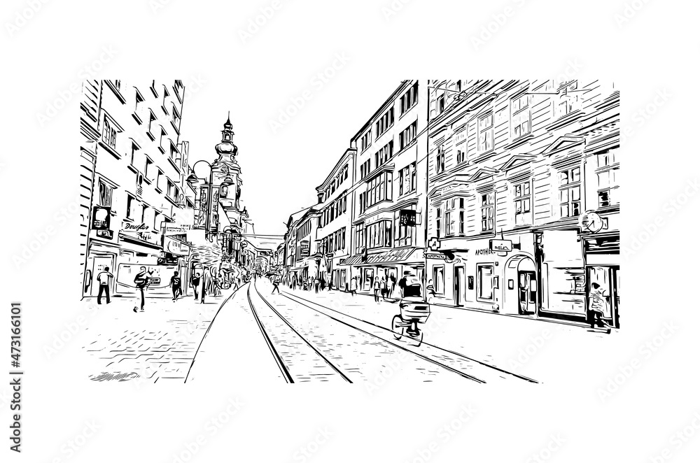 Building view with landmark of Linz is the 
city in Austria. Hand drawn sketch illustration in vector.