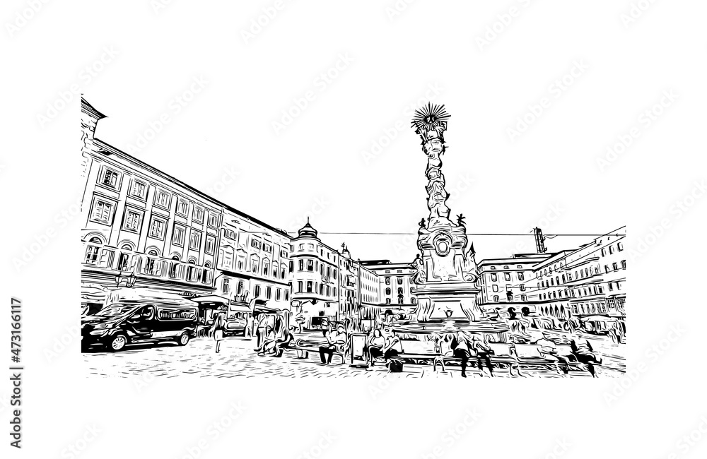 Naklejka premium Building view with landmark of Linz is the city in Austria. Hand drawn sketch illustration in vector.