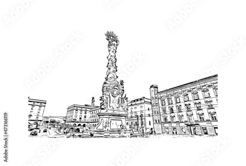 Building view with landmark of Linz is the city in Austria. Hand drawn sketch illustration in vector.