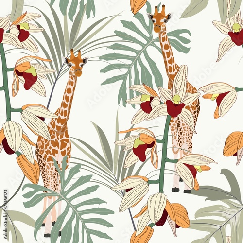 Giraffe animal with tropical green leaves and orchid flowers. Cartoon exotic seamless illustration repeating pattern on vintage light yellow background. Floral wallpaper.