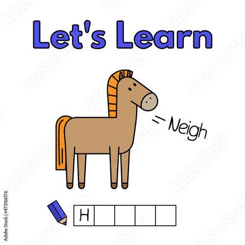 Cartoon horse learning game for small children - write the word. Vector illustration for kids