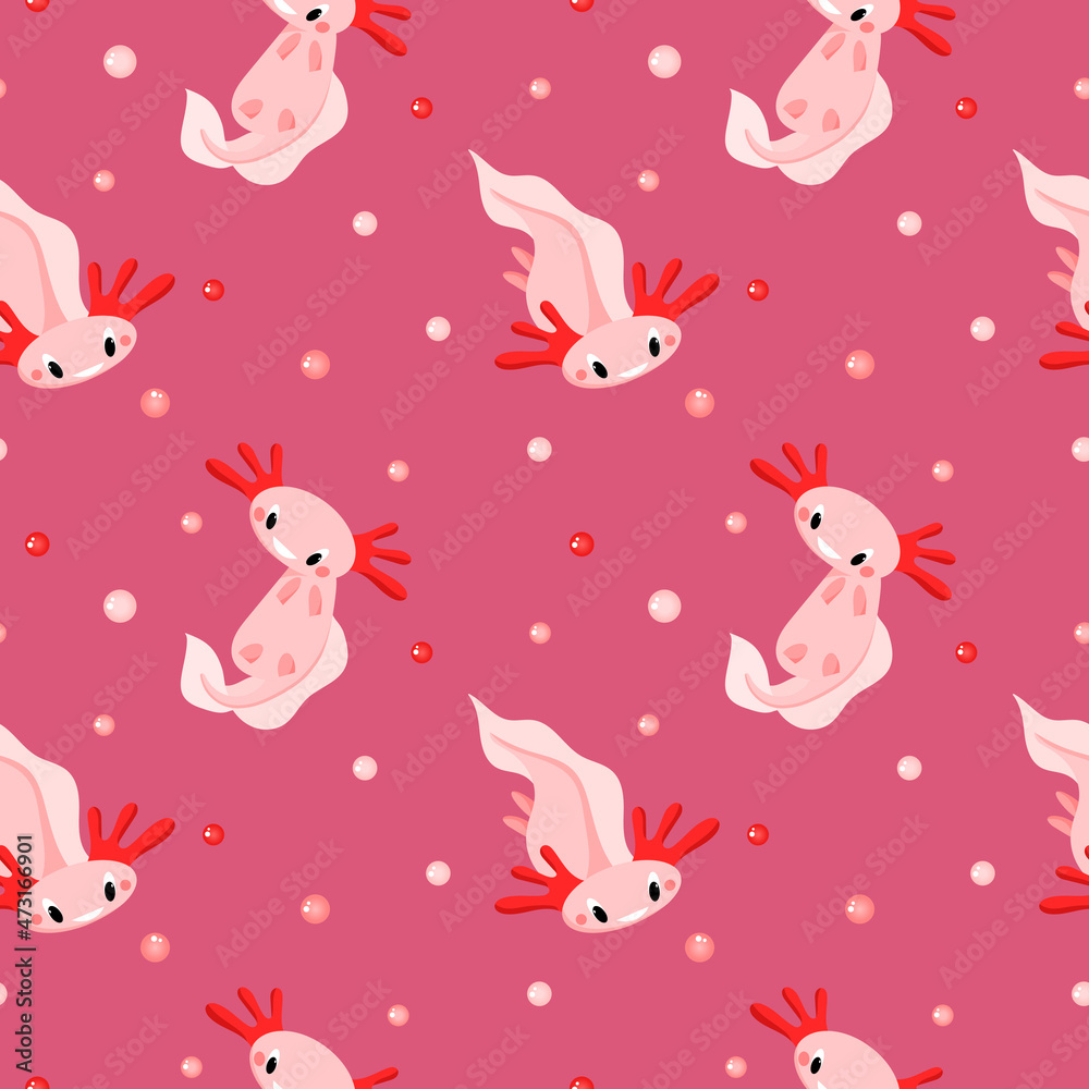 Vector pattern with cute pink axolotl and bubbles, amphibian, marine animal, cartoon-style pattern on a pink background. Children's pattern for fabrics, pajamas, dresses, posters.