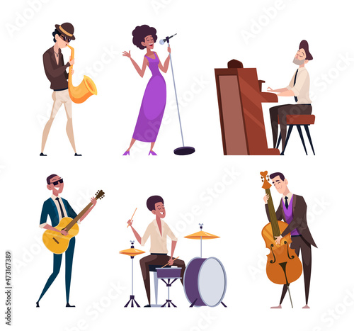Jazz characters. Music band with eccentric guitar and saxophone players performance woman exact vector musicians
