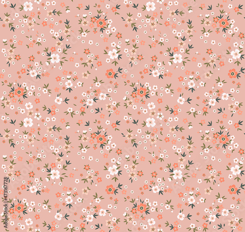 Spring flowers print. Vector seamless floral pattern. Floral design for fashion prints. Endless print made of small white and coral orange flowers. Elegant template. Salmon background. Stock vector.