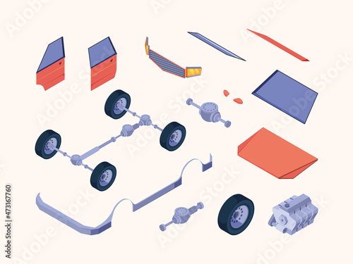 Car service parts. Isometric vehicle details turbo engine gears wheel tears filters muffler filters garish vector illustrations 3d set