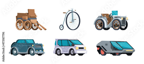 Vehicle evolution. Retro old style and modern automobiles motor cars with wheels development timeline transports technology garish vector illustrations in flat style