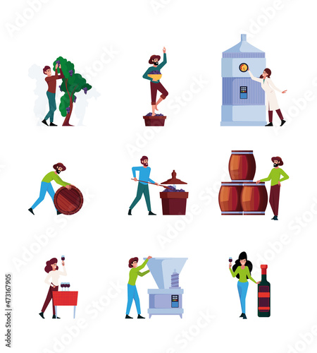 Industrial winery. Wine production stages harvesting grapes and making alcoholic drinks organic food garish vector colored pictures in flat style