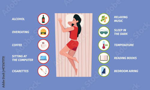 Healthy sleep tips. Relax nutritions and treatments for stressed peoples rules for night sleep garish vector flat illustrations